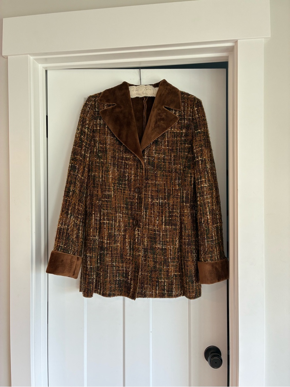 Brown Tweed & Vegan Suede Collar & Cuffs Women’s Coat Soft lining size Med/Large